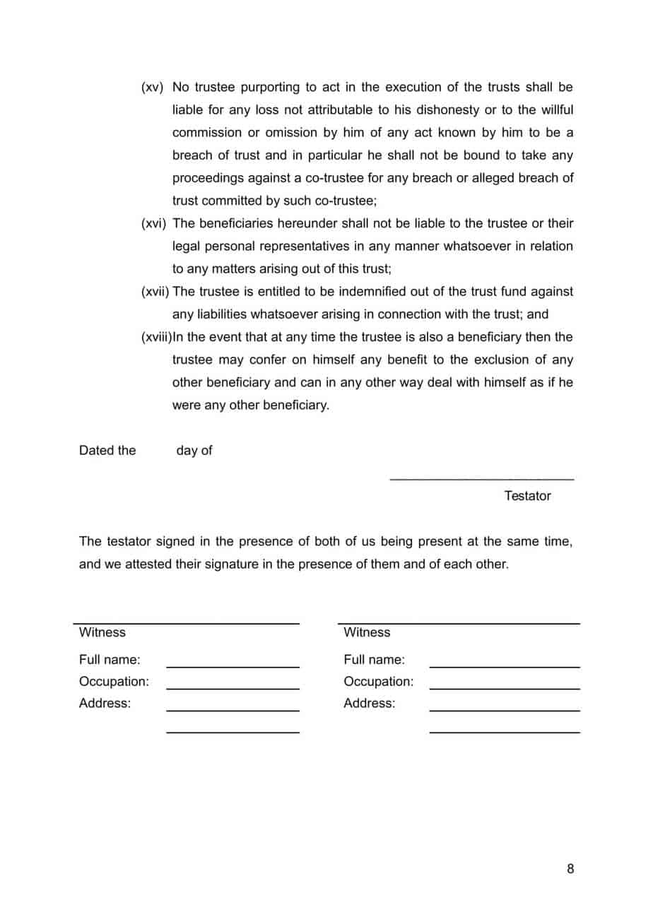 Will With Testamentary Trust (Simple) Free Sample Download in Word